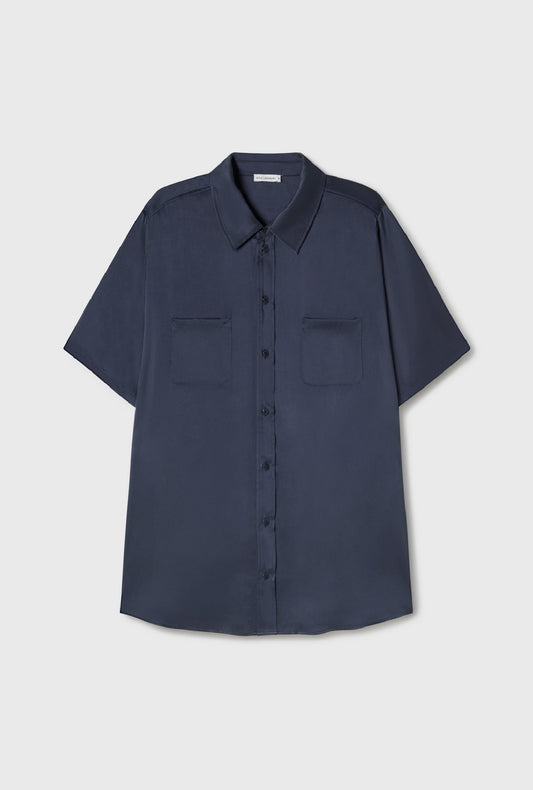 Silk Laundry Short Sleeve Boyfriend Shirt (Midnight)