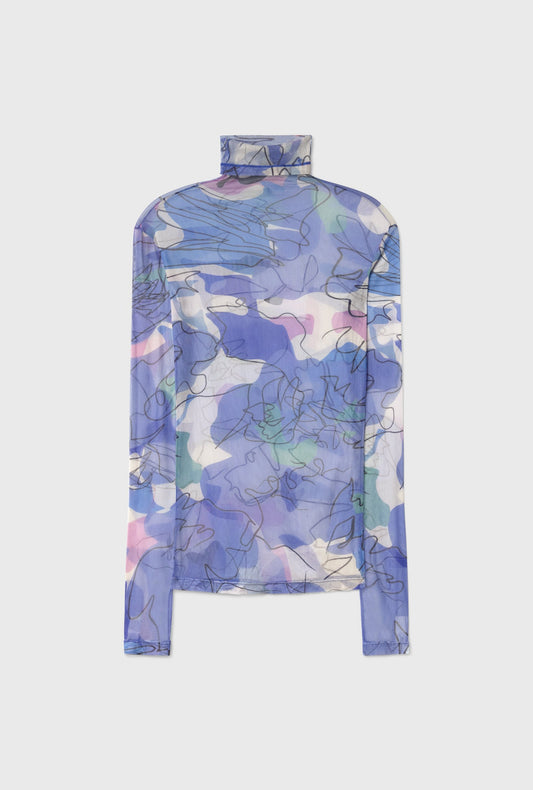 Silk Laundry Mesh Turtleneck (Cornflower Floral)