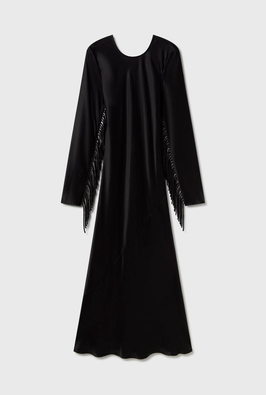 Silk Laundry FRINGE FULL SLEEVE BIAS DRESS (Black)