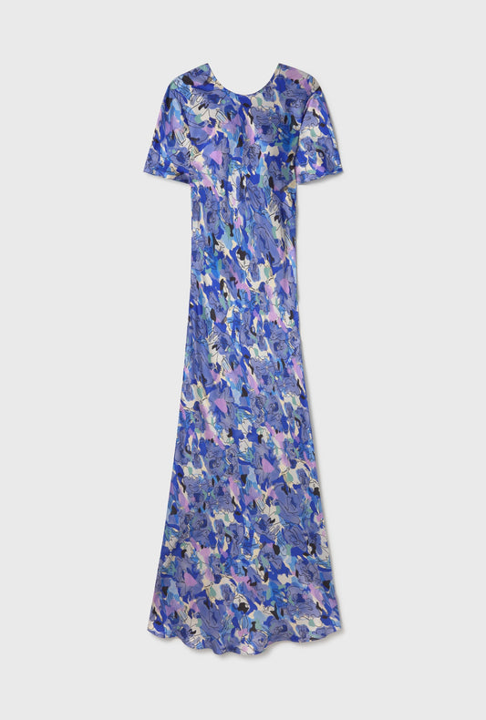 Silk Laundry Short Sleeve Bias Dress (Cornflower Floral)