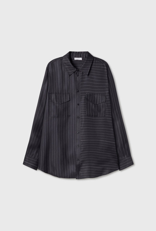 Silk Laundry Twill Boyfriend Shirt Pinstripe Black / White (Pinstripe Black/White)