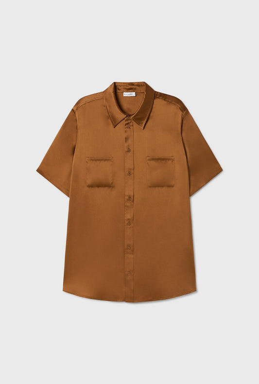 Silk Laundry Short Sleeve Boyfriend Shirt (Van Dyke Brown)