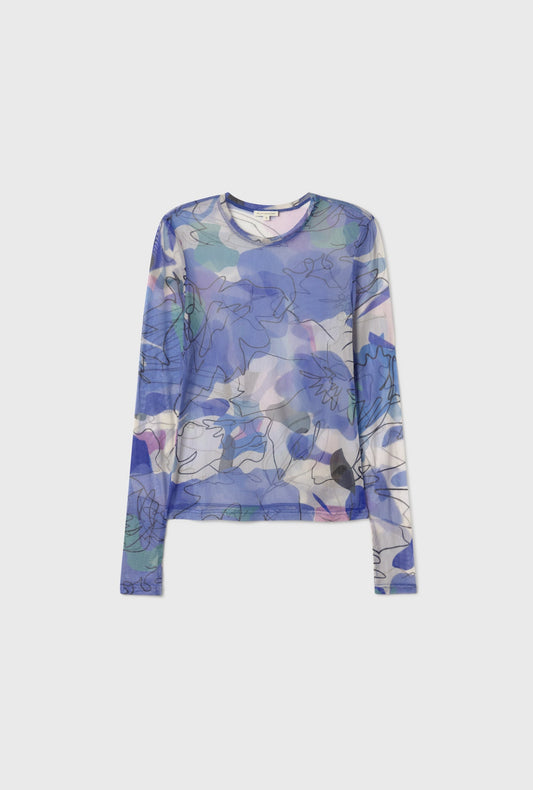 Silk Laundry Mesh Long Sleeve Top (Cornflower Floral)