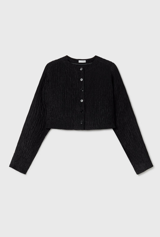 Silk Laundry Crinkle Collarless Crop Shirt (Black)