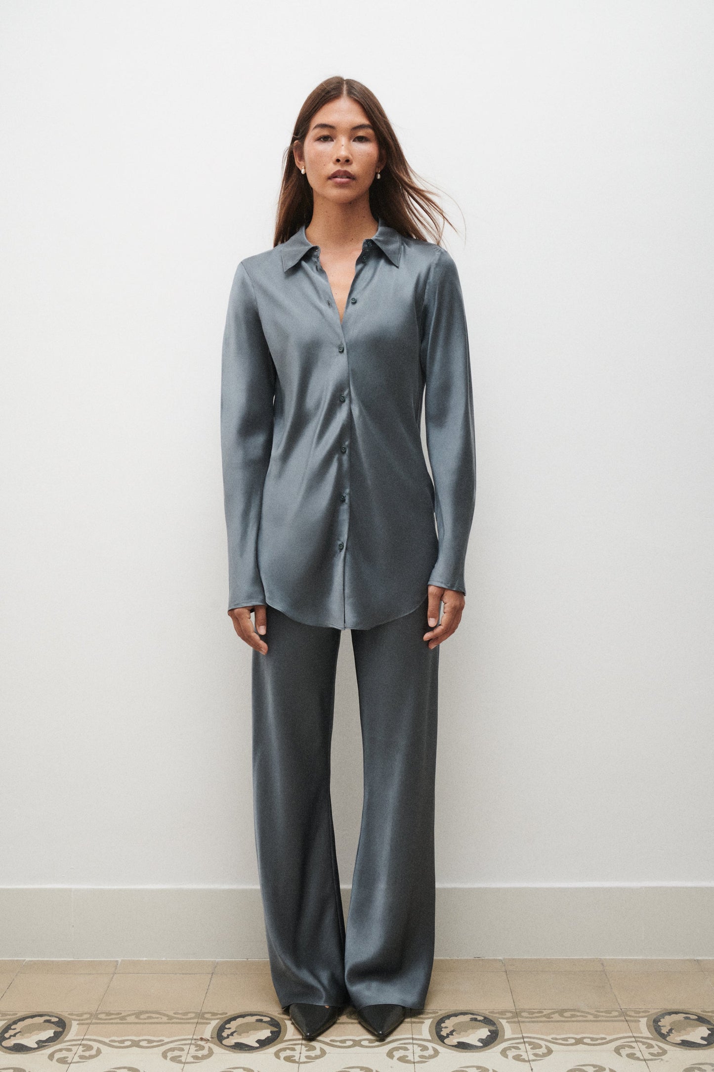 Silk Laundry Bias Cut Shirt (Slate)