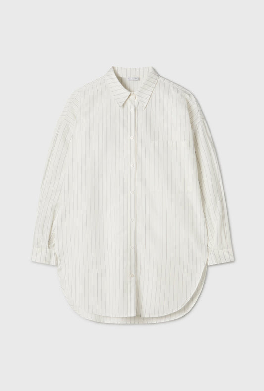 Cotton Silk Round Shirt (White Pinstripe)