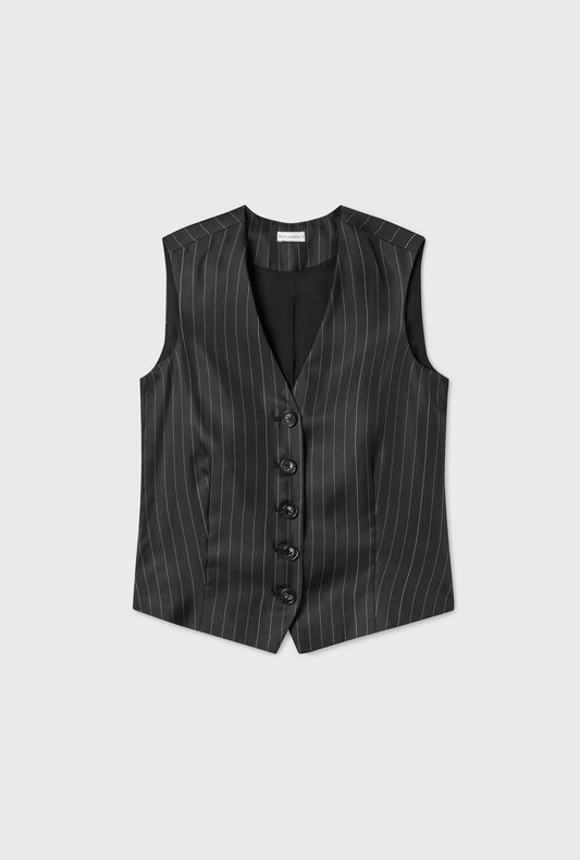 Silk Laundry Twill Vest (Pinstripe Black/White)