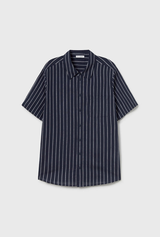 Silk Laundry Cotton Short Sleeve Boyfriend Shirt (Egret Stripe)