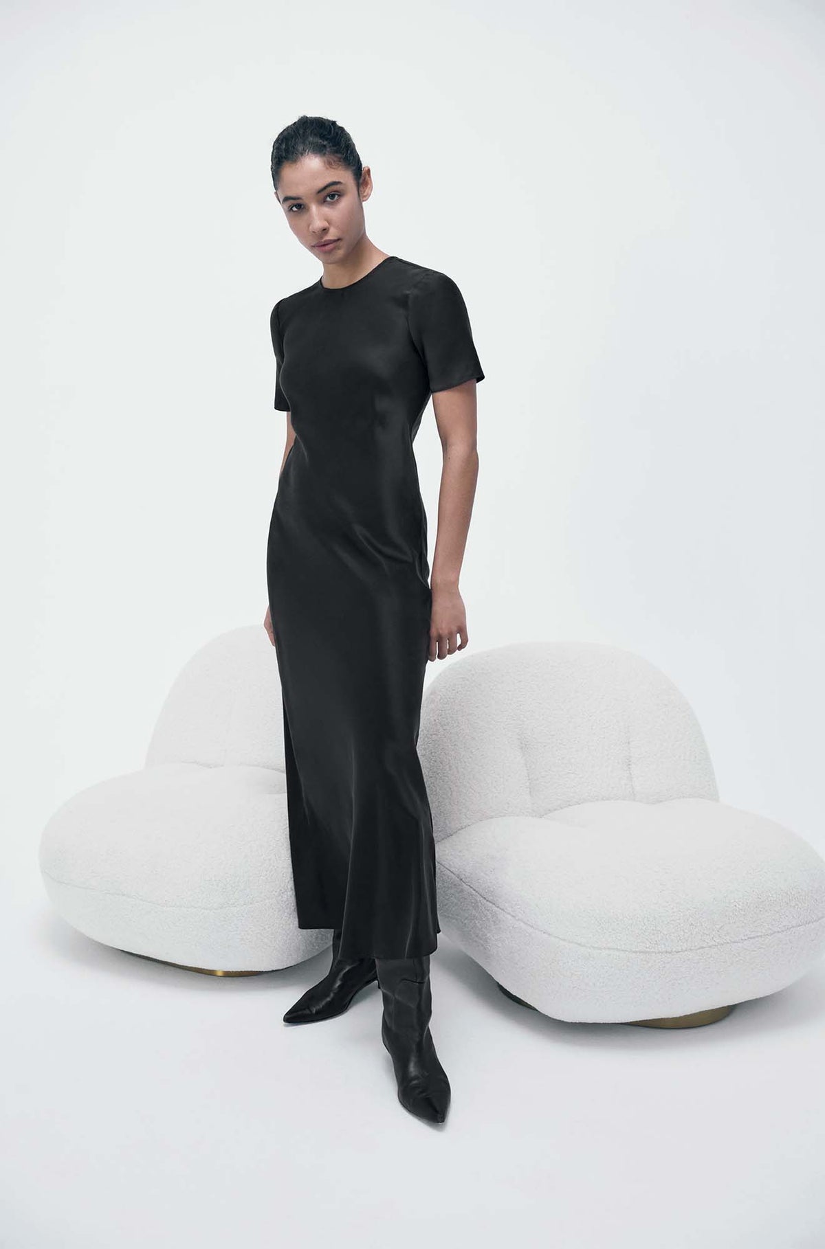 Silk Laundry Short Sleeve Bias Dress (Black)