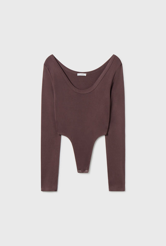 Silk Laundry Jersey Modal Long Sleeve Cutaway Bodysuit (Cacao)