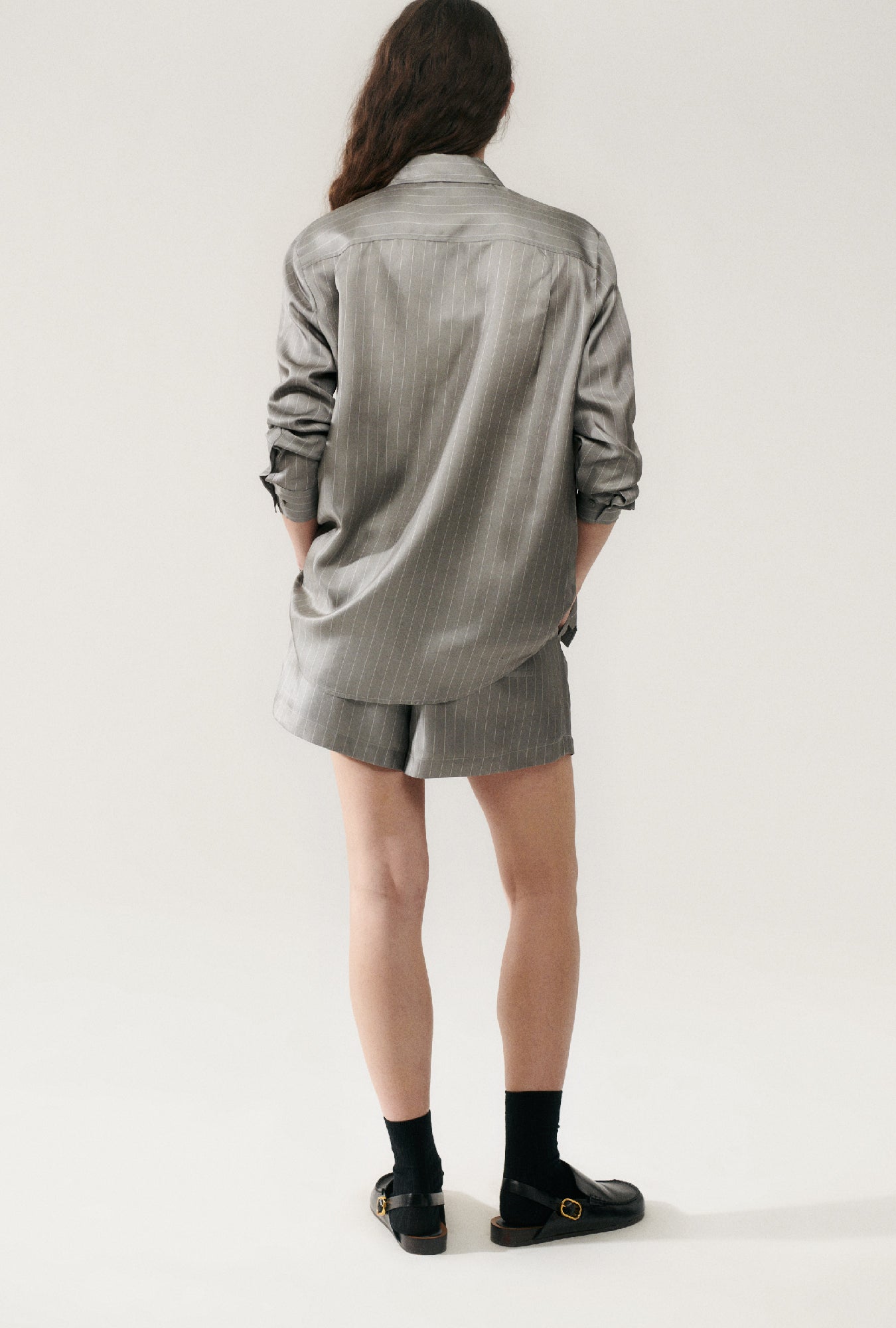 Silk Laundry Twill Boyfriend Shirt (Moon Pinstripe)
