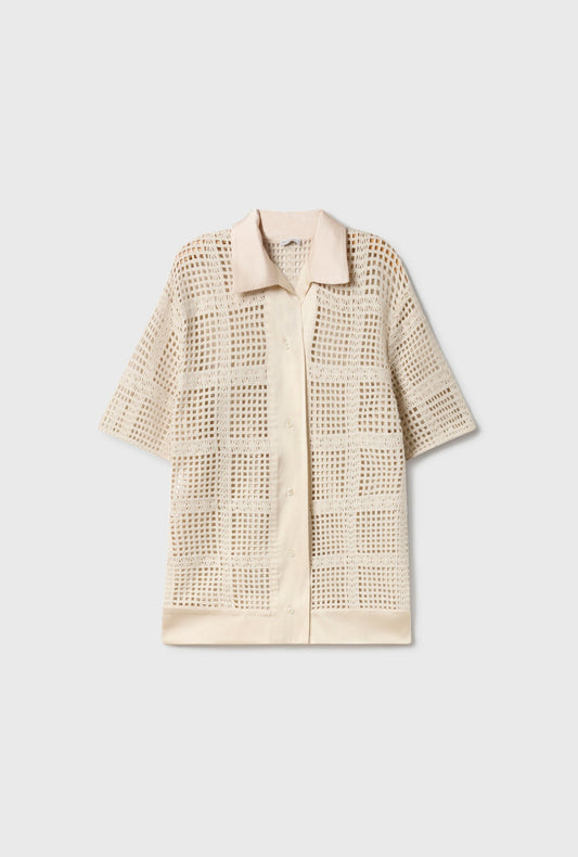 Silk Laundry Cotton Grid Grandpa Shirt (Natural)