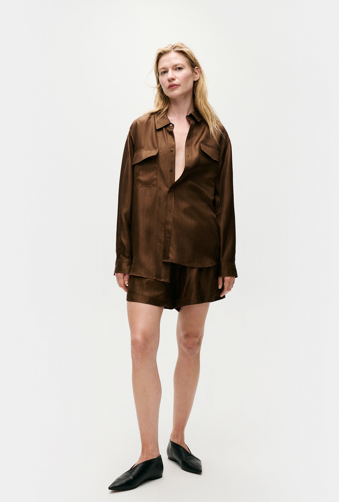 Silk Laundry Twill Boyfriend Shirt (Dark Earth Pinstripe)