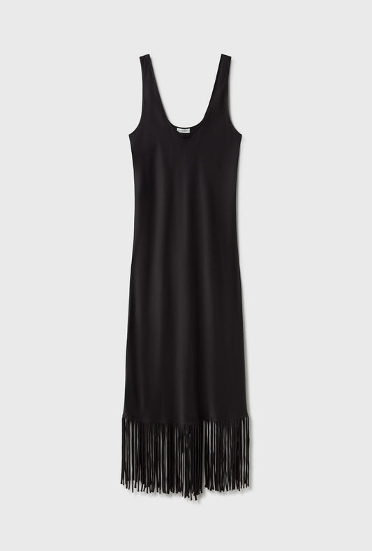 Silk Laundry Fringe Scoop Neck Dress (Black)