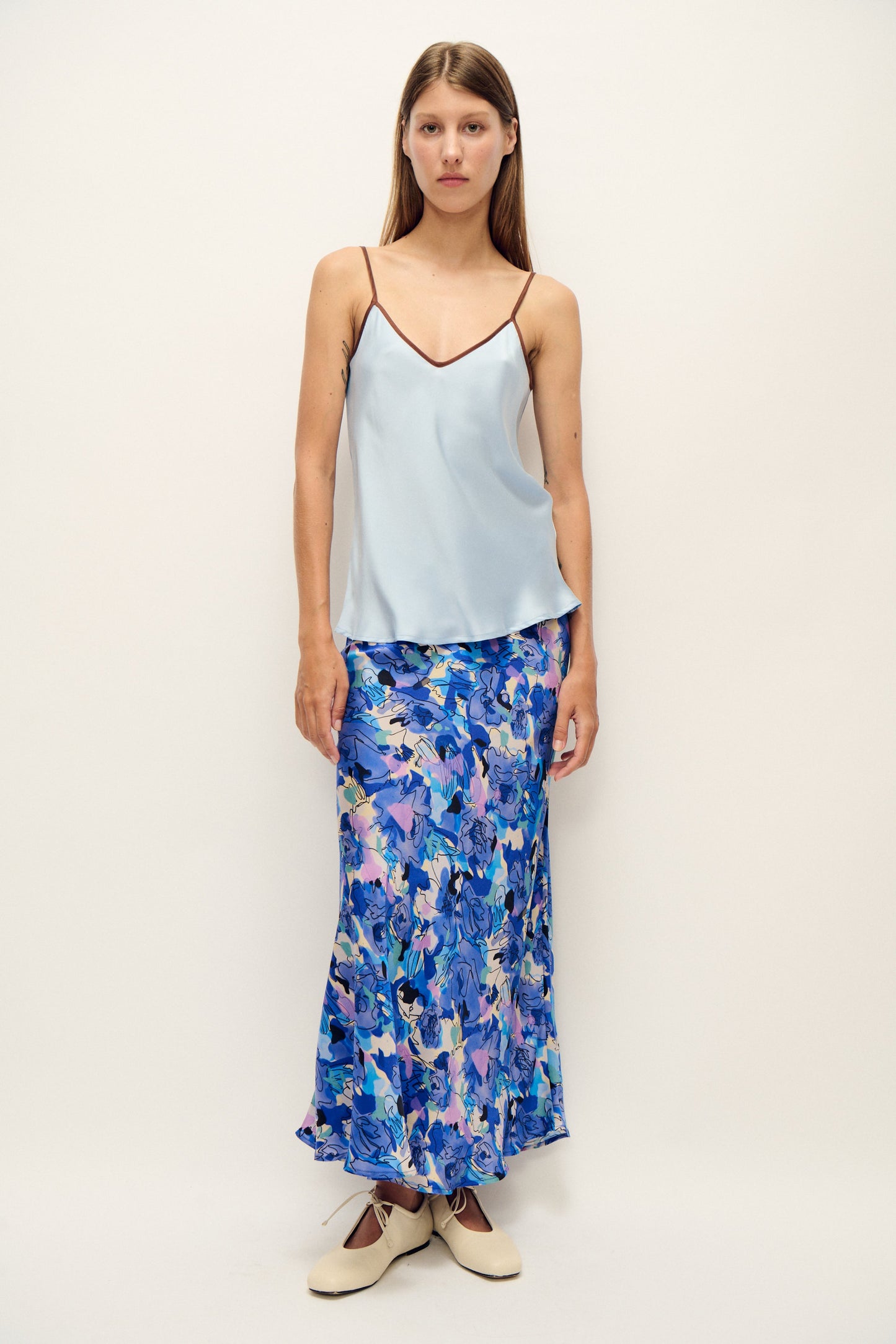 Silk Laundry Long Bias Cut Skirt (Cornflower Floral)