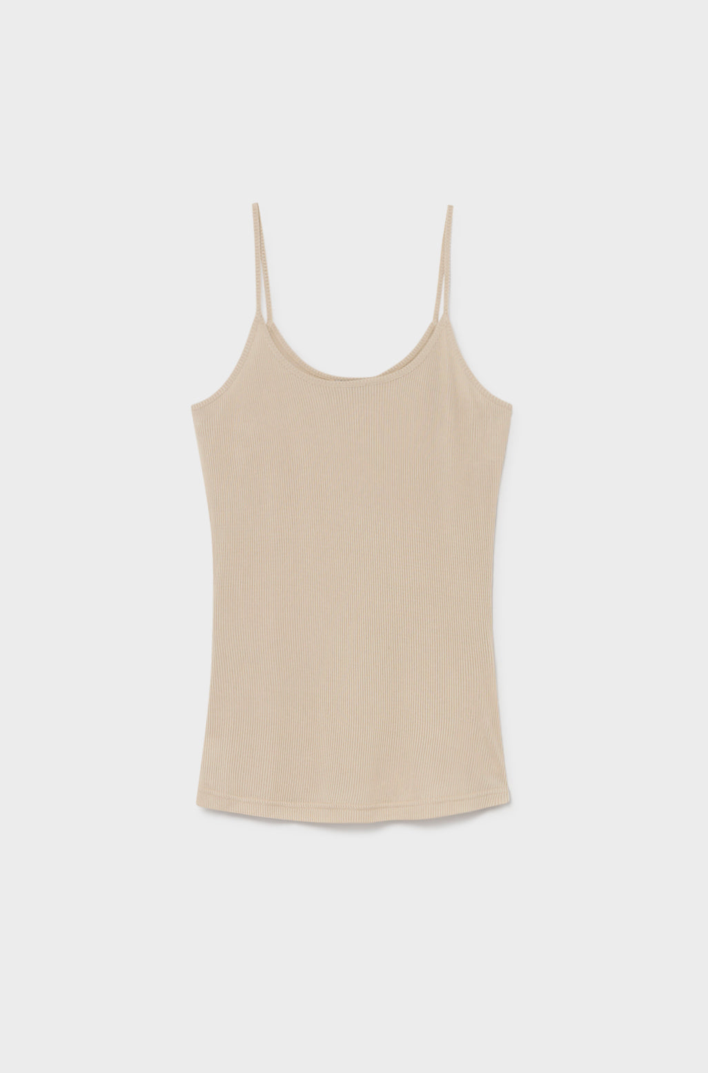 Image of a model wearing Tops. Product name - Ribbed Cami Hazelnut in Hazelnut colour by brand - Silk Laundry