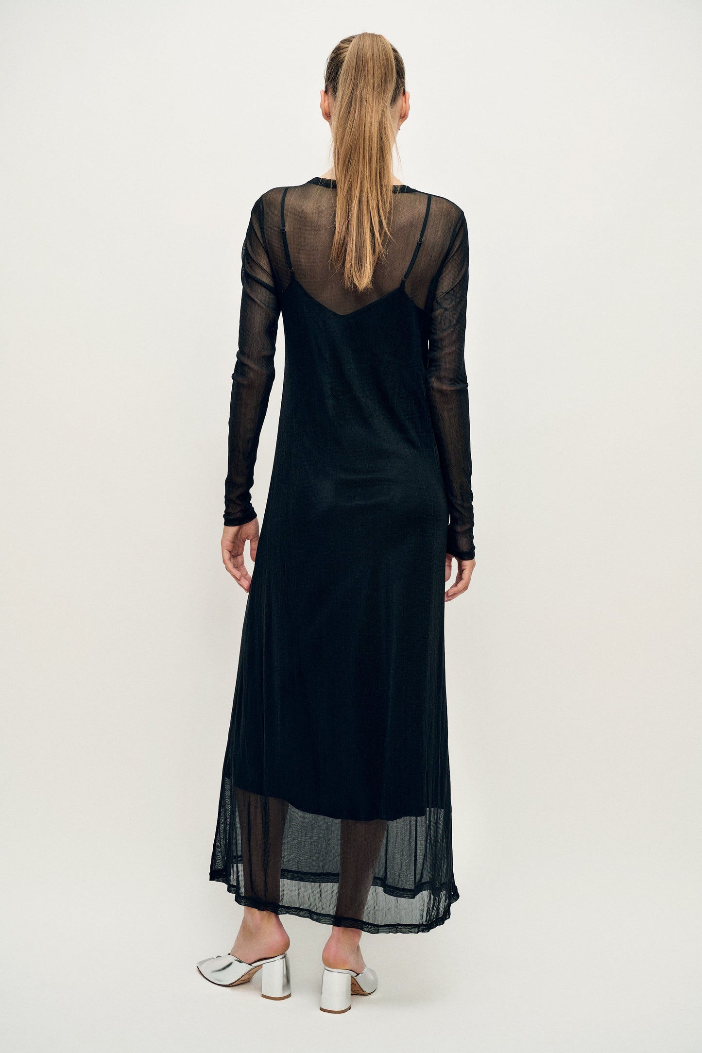 Silk Laundry Mesh Long Sleeve Dress (Black)