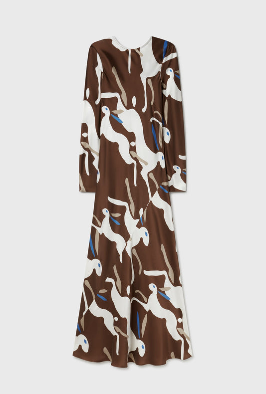 Silk Laundry Full Sleeve Bias Dress (Rabbit Dark Earth)