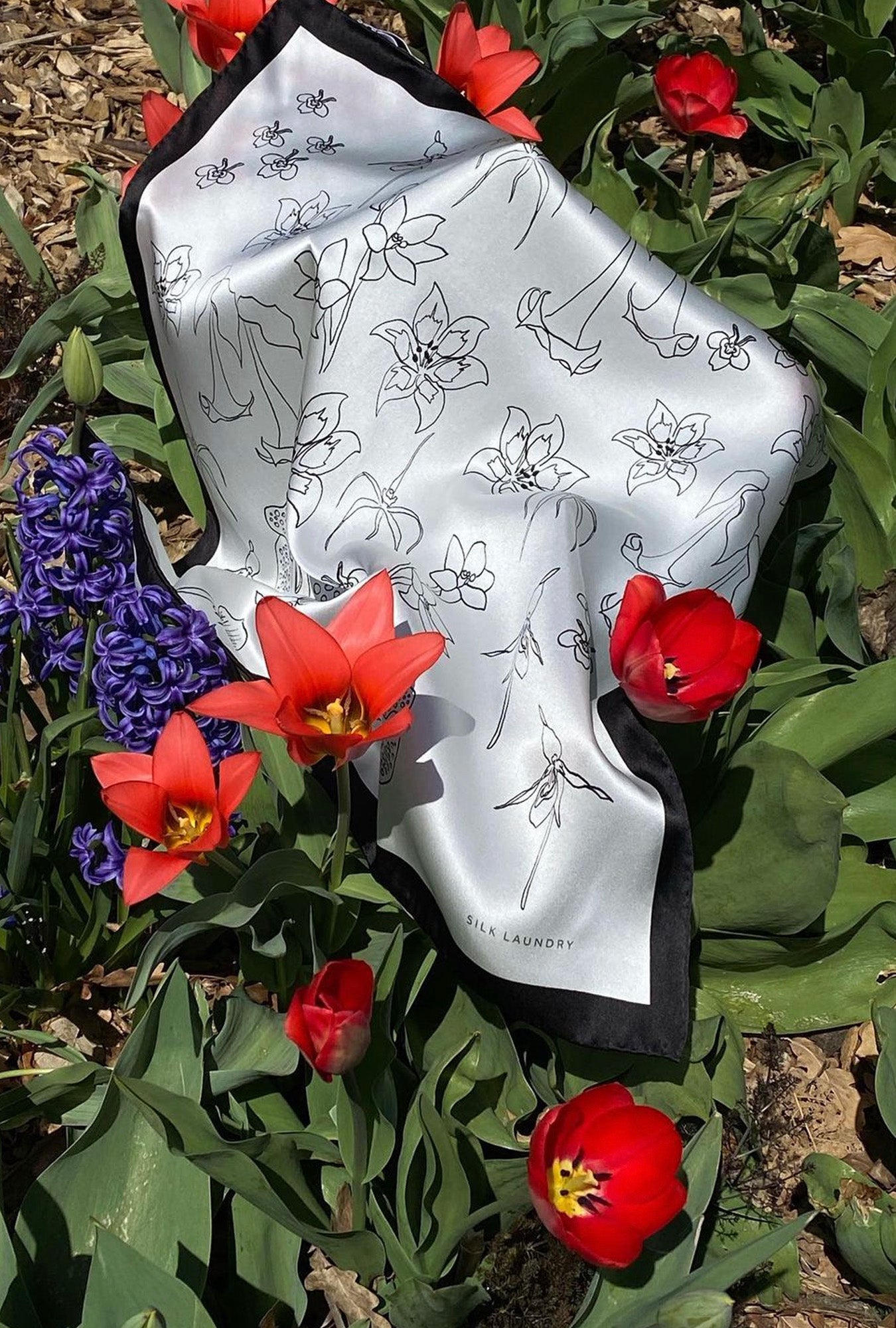 Silk Laundry Scarf Black & White (Lost Flowers)