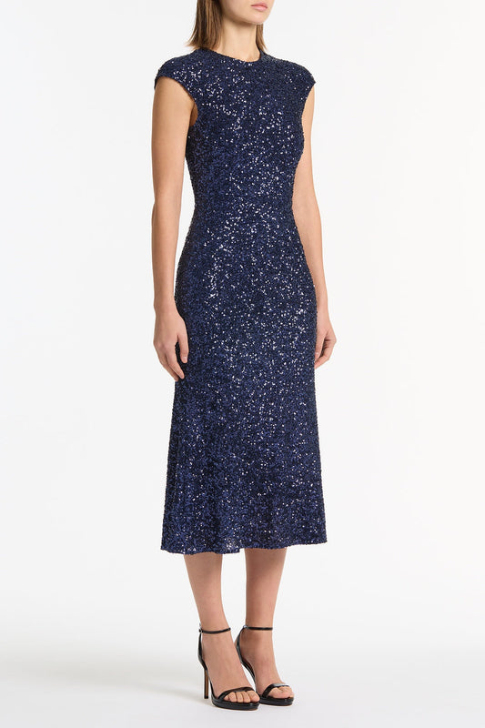 Carla Zampatti Midnight Crushed Sequin Fluted Midi Dress (Navy)