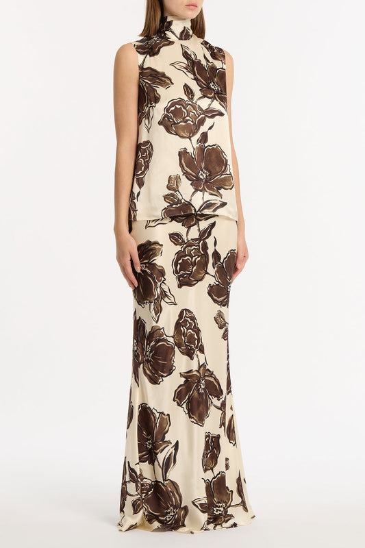Carla Zampatti Mocha Bouquet Silk Viscose Bias Fishtail Skirt (Brown)