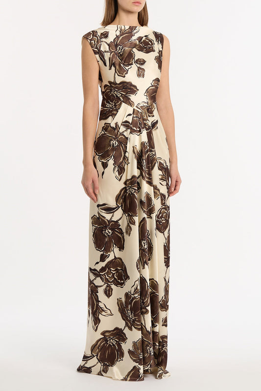 Carla Zampatti Mocha Bouquet Silk Viscose Cinched Maxi Dress (Brown)