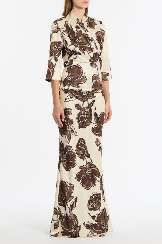 Carla Zampatti Mocha Bouquet Silk Viscose Wrap Top (Brown)