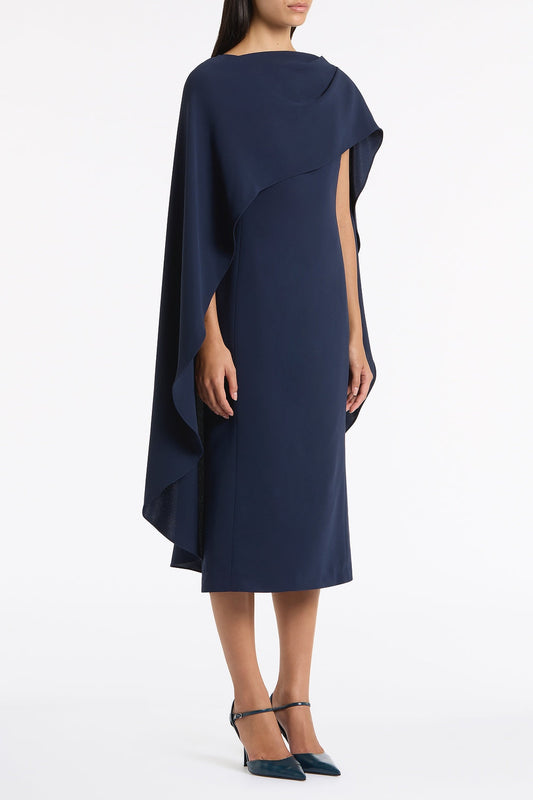 Carla Zampatti Crepe Cape Midi Dress (Navy)