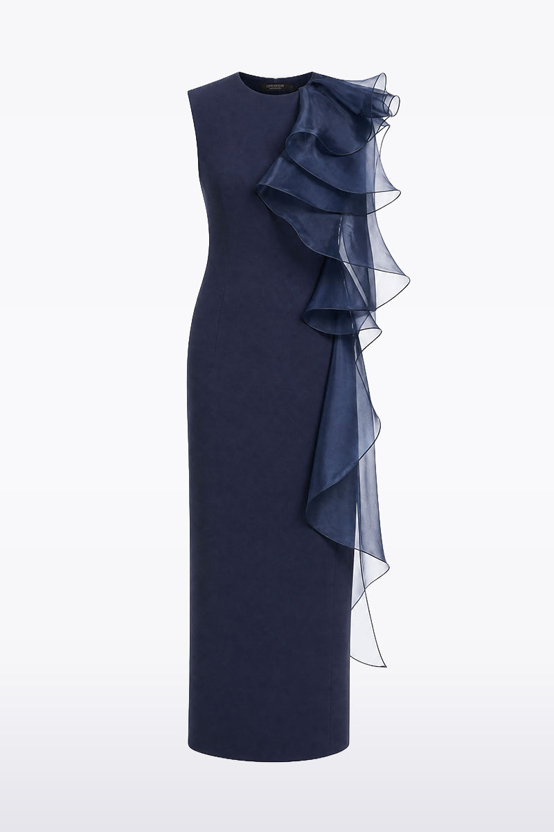 Carla Zampatti Crepe Ruffle Shoulder Gown (Navy)