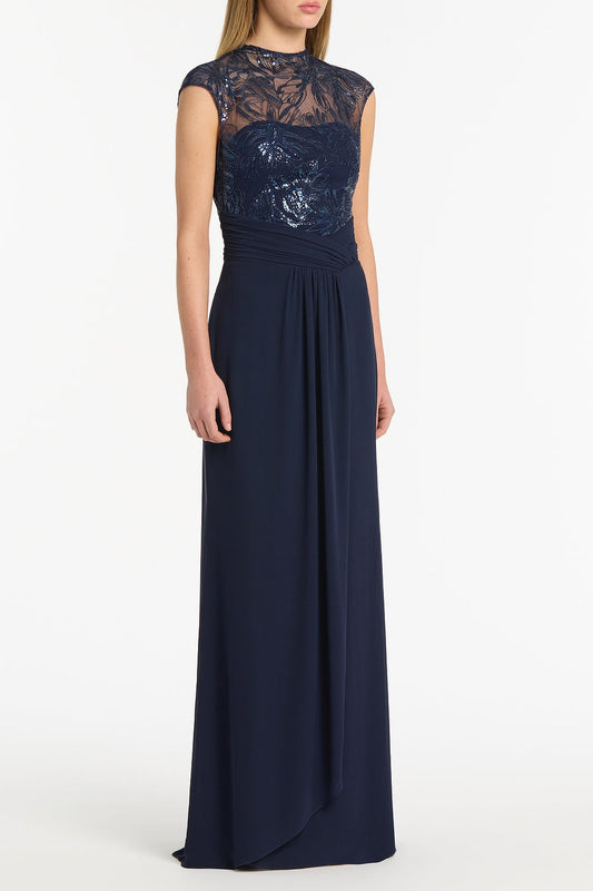 Carla Zampatti Floral Mesh Drape Gown (Navy)