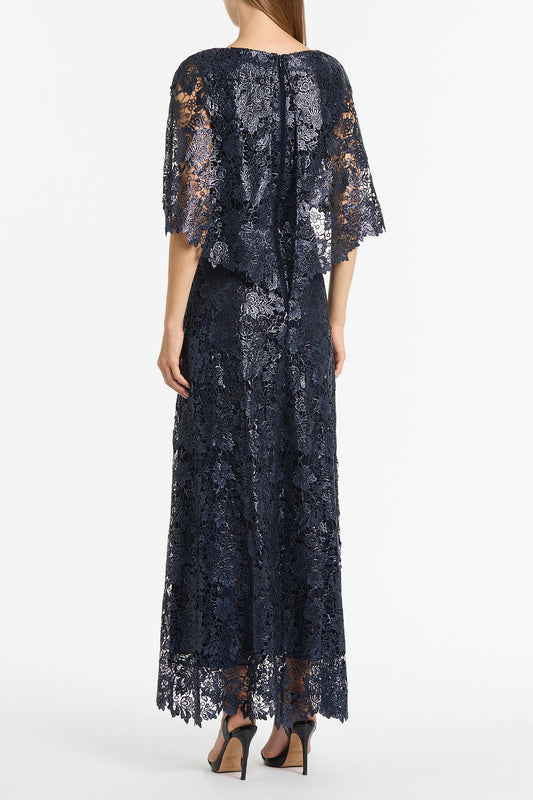 Carla Zampatti Foiled Lace Cape Gown (Navy)
