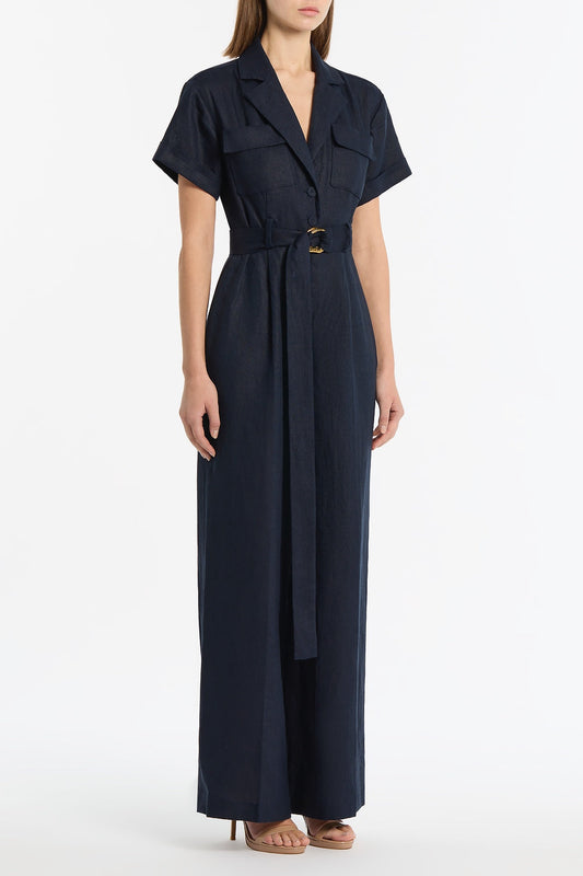 Carla Zampatti Linen Utility Belted Jumpsuit (Navy)