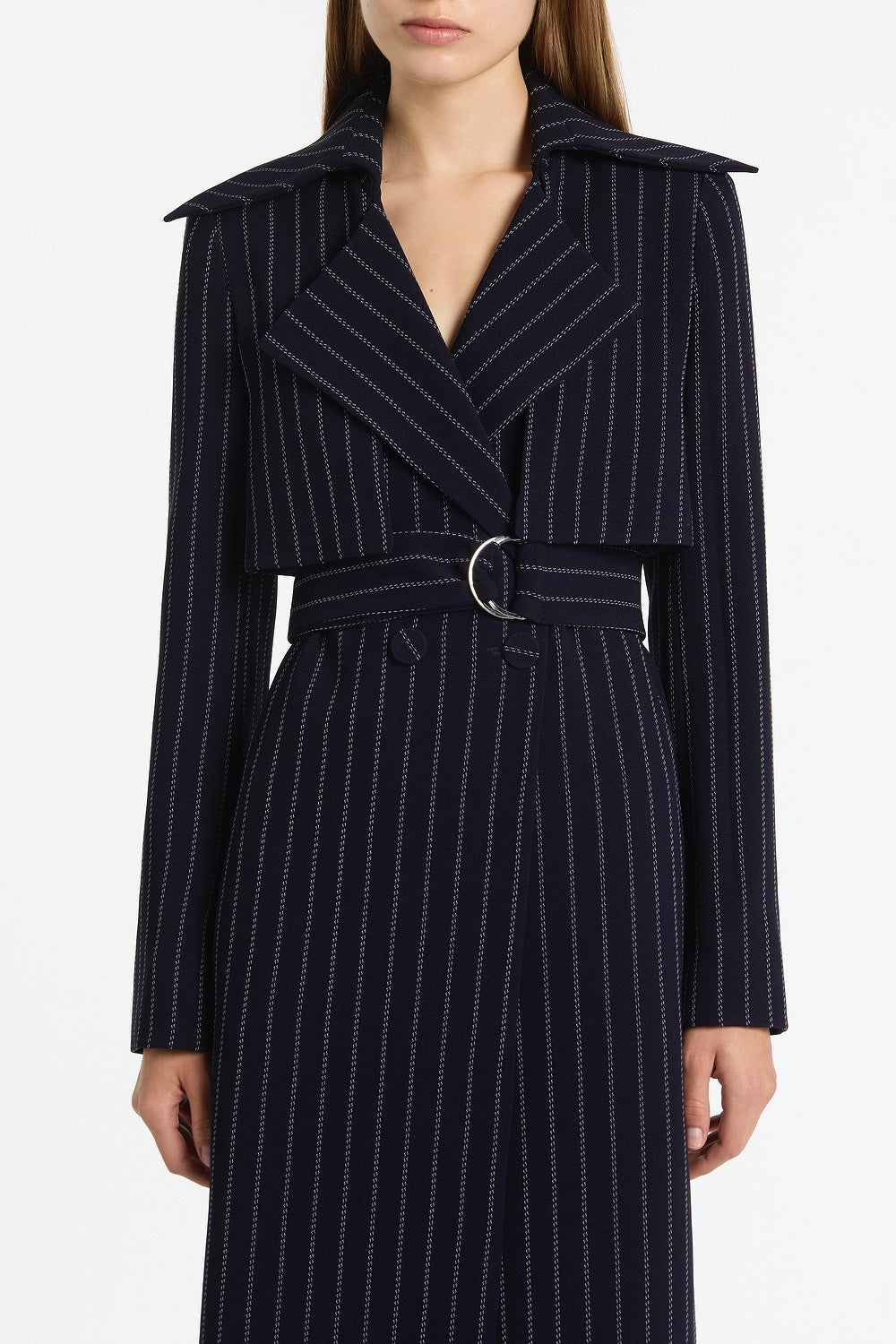 Carla Zampatti Pinstripe Double-Breasted Trench Coat (Navy)