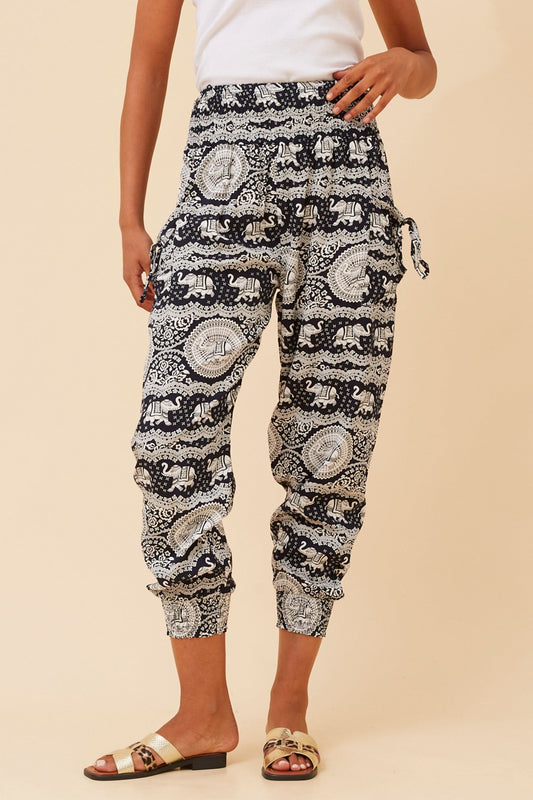 ELEPHANT PRINT HAREM PANTS (Multi Black)