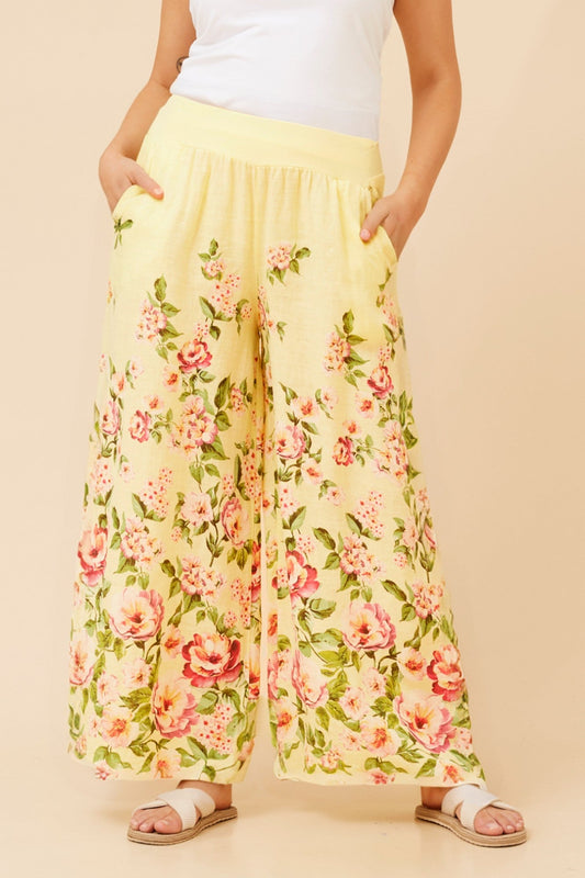 BOTTEGA MODA LEONORA FLORAL WIDE LEG LINEN PANTS (Butter)