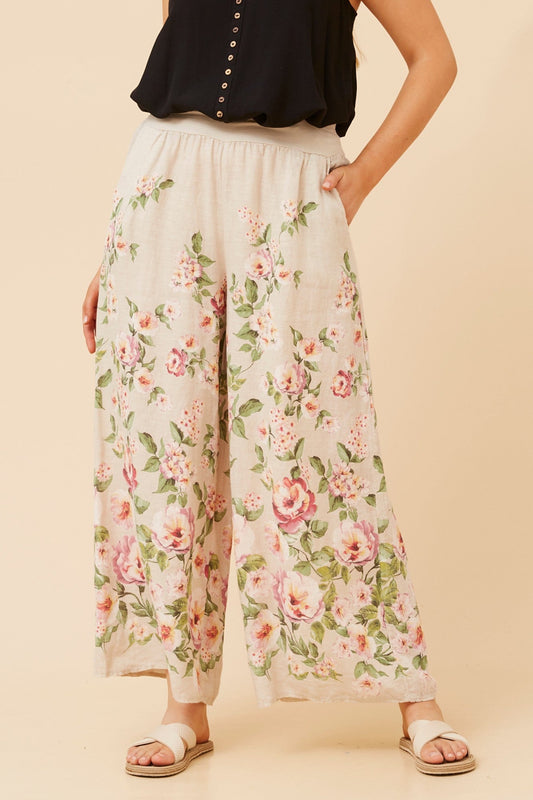 BOTTEGA MODA LEONORA FLORAL WIDE LEG PANTS (Linen)