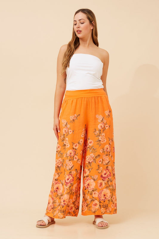 LEONORA FLORAL WIDE LEG LINEN PANTS (Light Pink)