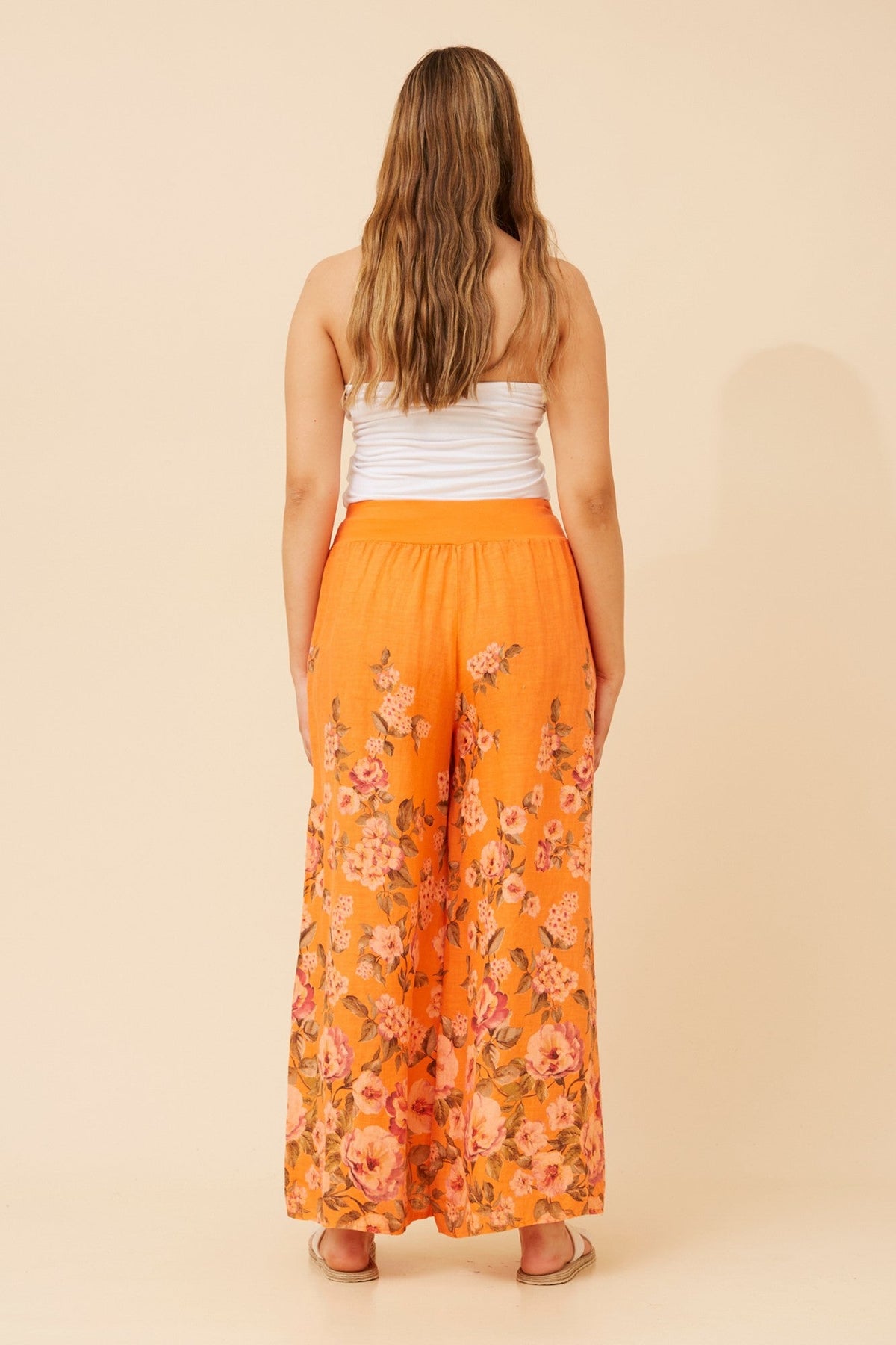 BOTTEGA MODA LEONORA FLORAL WIDE LEG LINEN PANTS (Orange)