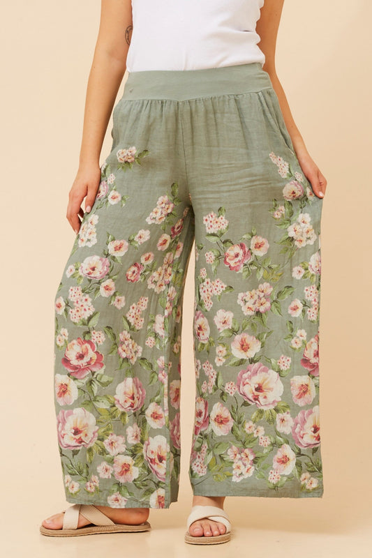 BOTTEGA MODA LEONORA FLORAL WIDE LEG LINEN PANTS (Sage)