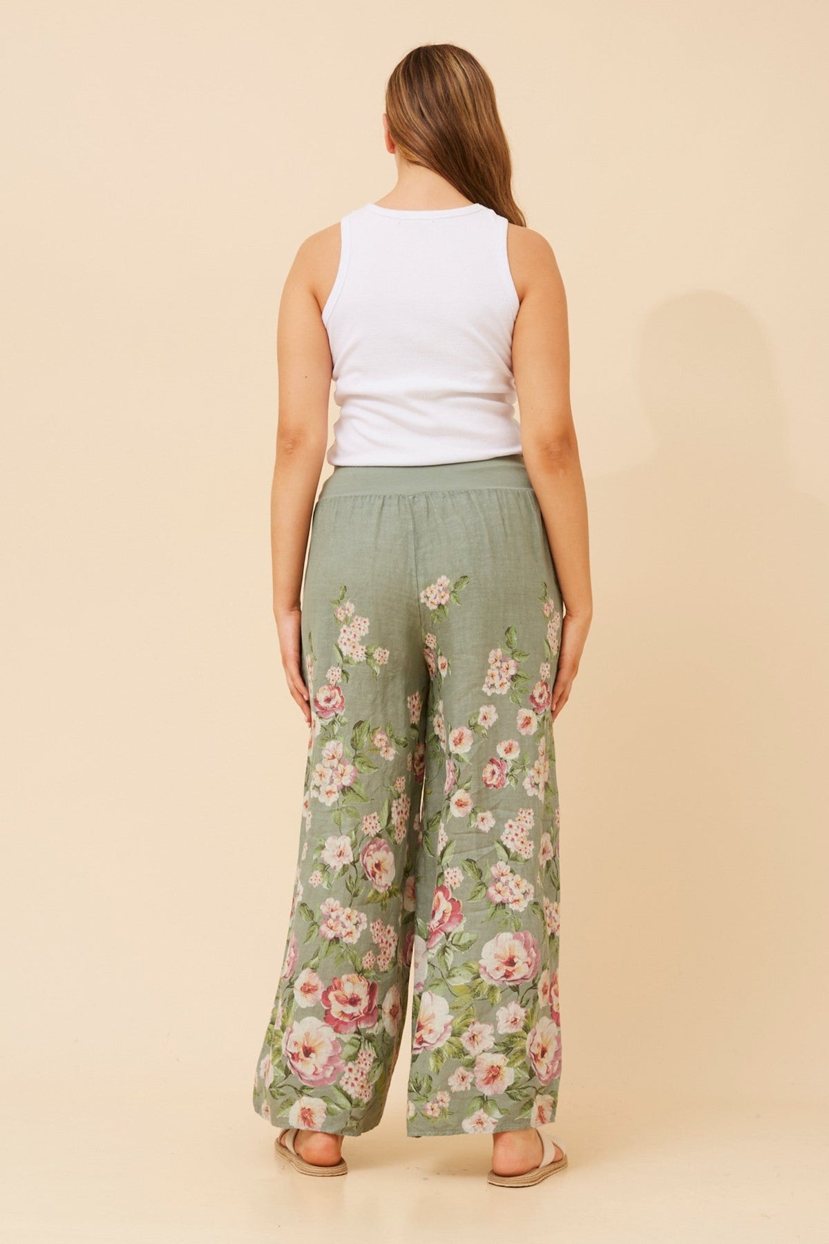 BOTTEGA MODA LEONORA FLORAL WIDE LEG LINEN PANTS (Sage)