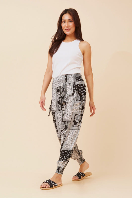 PATCHWORK PRINT HAREM PANTS (Black And White)