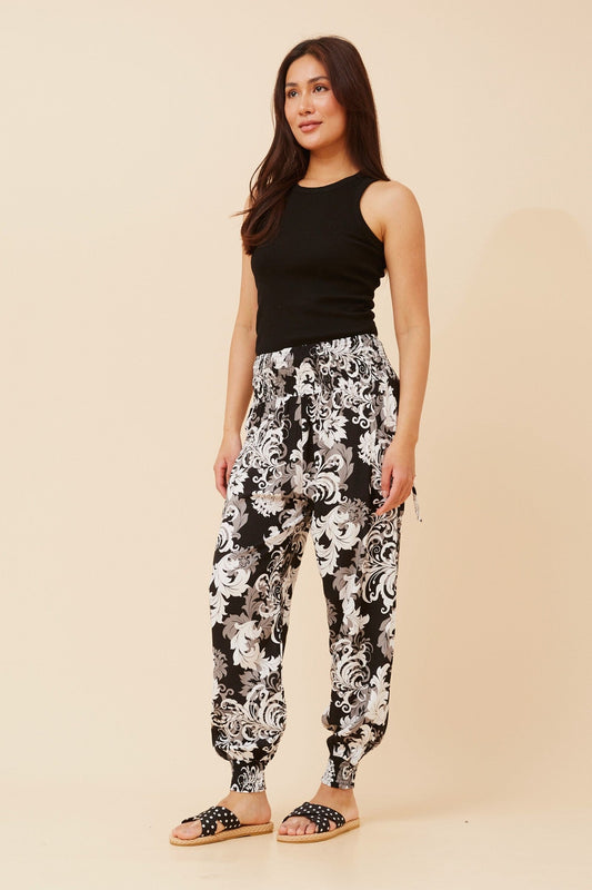 LEAF PRINT HAREM PANTS (Black And White)