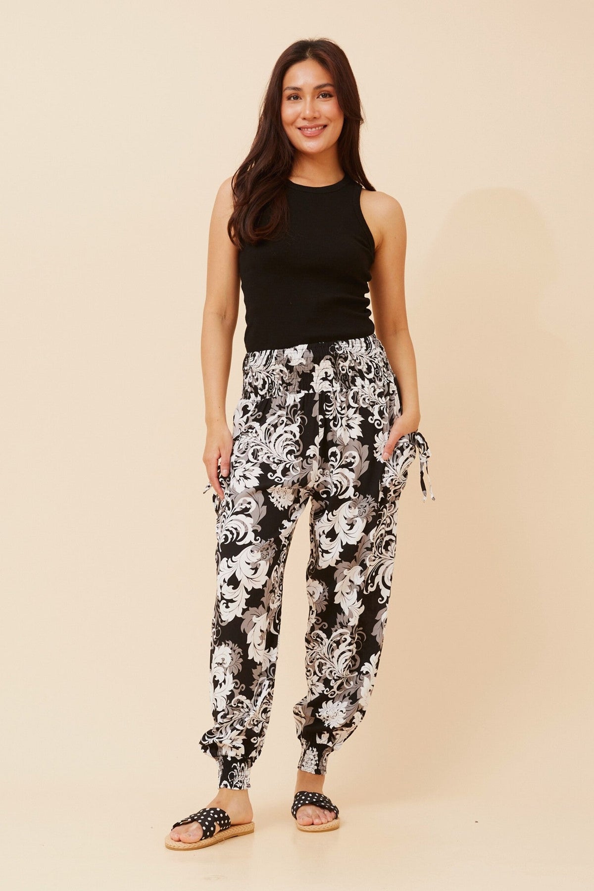 LEAF PRINT HAREM PANTS (Black And White)