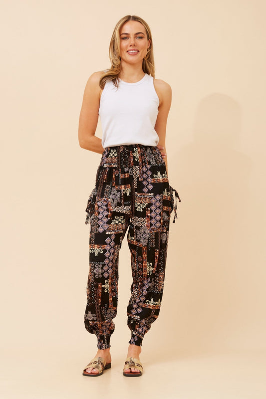 PATCHWORK PRINT HAREM PANTS (Multi Black)