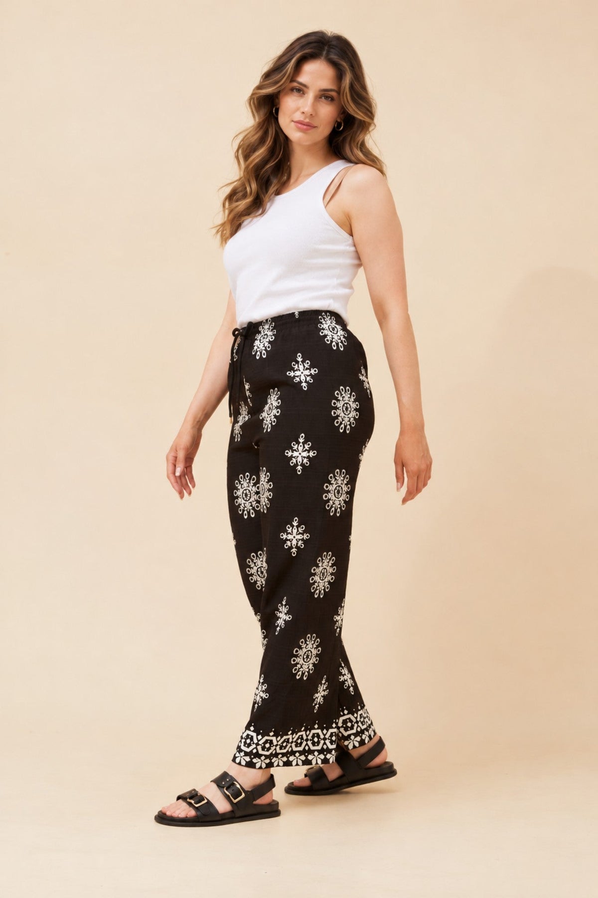 Caroline Morgan Australia KARSYN EMBROIDERY PRINT PANTS (Black)