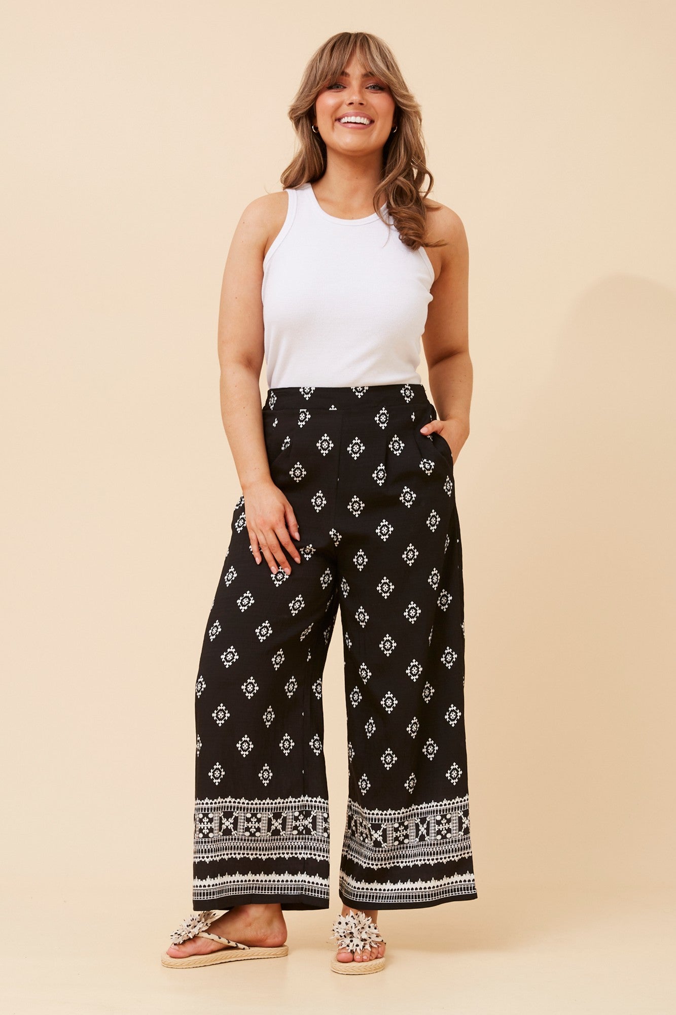 LOXANA BORDER PRINT WIDE LEG PANTS (Black/White)