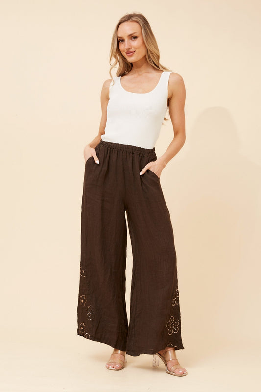 WALTER LINEN WIDE LEG PANTS (Chocolate)