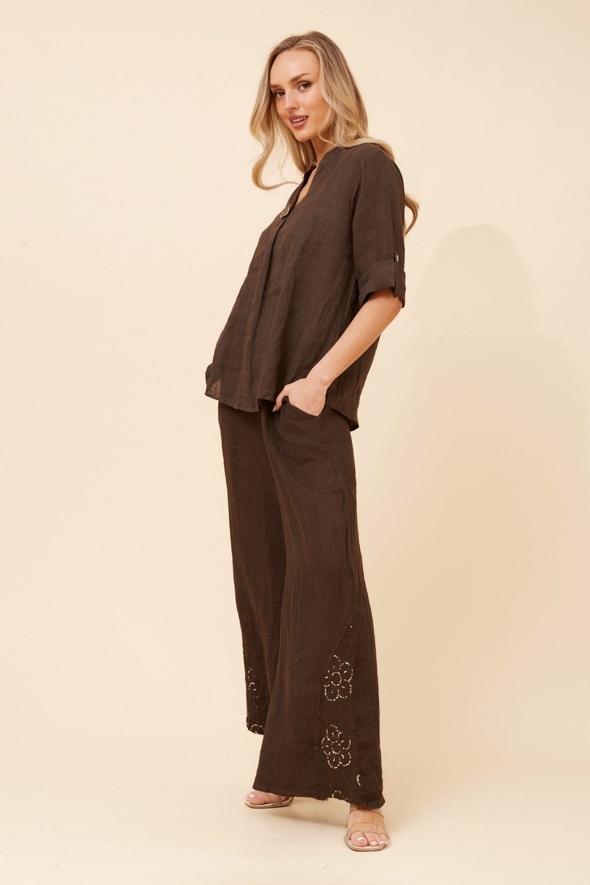 WALTER LINEN WIDE LEG PANTS (Chocolate)