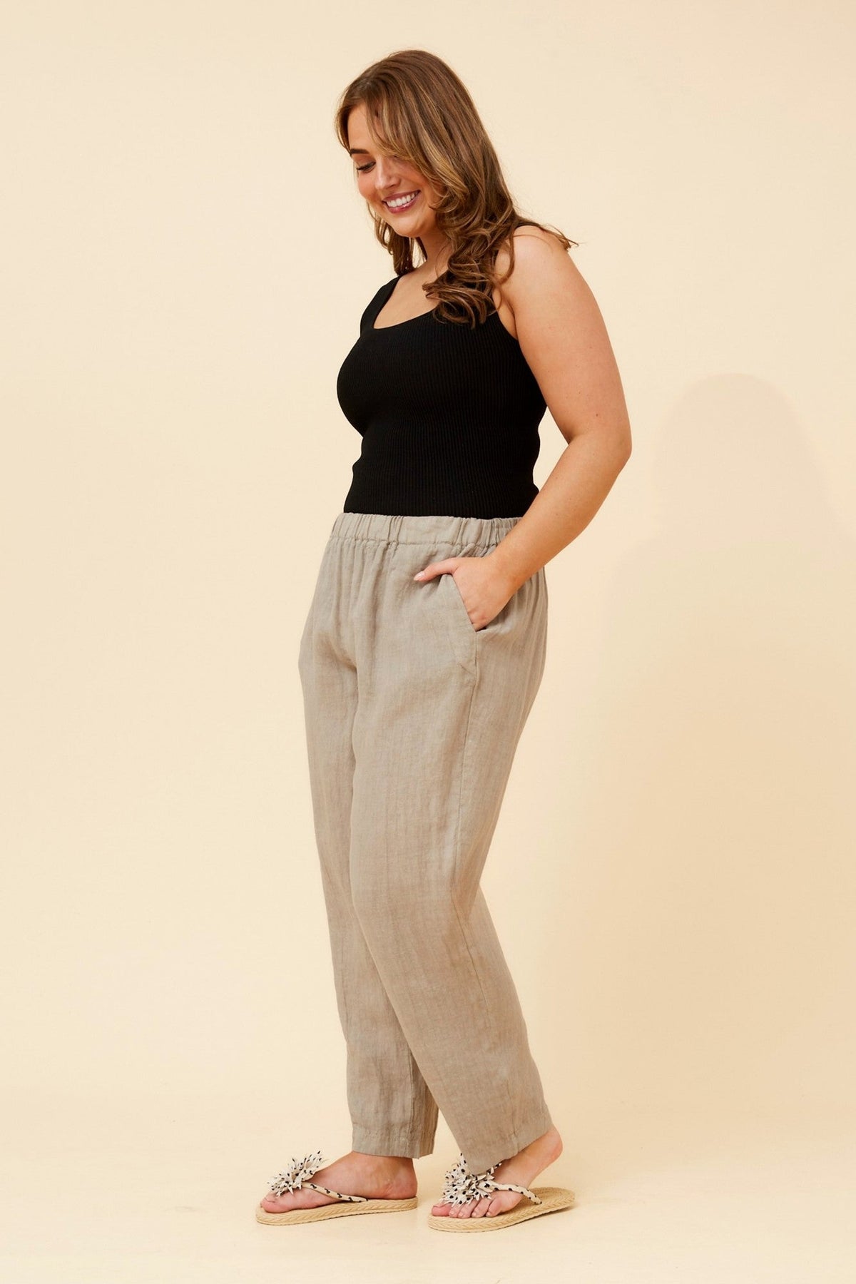 BOTTEGA MODA JOURNEE SOLID LINEN PANTS (Fango)