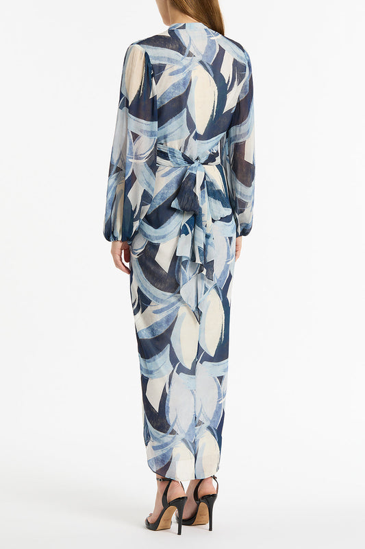Carla Zampatti Painted Floral Georgette Waterfall Dress (Blue)